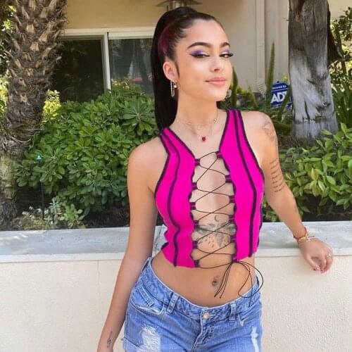 Lace Up Crop Top Women Birthday Outfits Clubwear Bandage Sexy Tops for Women Summer Beach Patchwork Sleeveless Skinny Tank Top