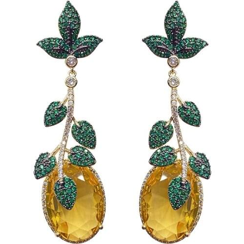 Vintage Leaf Yellow Crystal Earrings For Lady Brand Earrings Silver Pin Gold-Plated Wedding Fashion Jewelry Women Long Earring