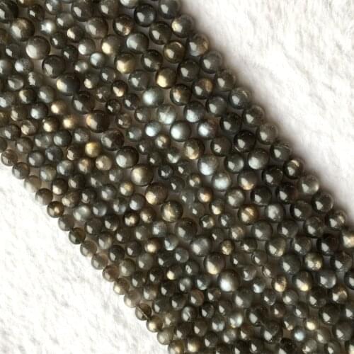 High Quality Real Genuine Natural Gray Black Gold Sunstone flash light Round Loose Gemstone Ball Small Beads 15.5" 05623