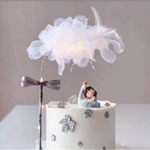 Pearl Feather Flower Cake Decoration Plug-in Happy Birthday Cake Topper White Decoration Wedding Bride And Groom Feather
