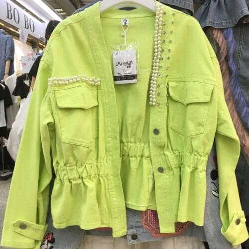 2021 Autumn New Women V-Neck Beading Diamond Design Denim Short Jacket Full Sleeves Waisted Fashion Open Cowboy Tops Jean Coat