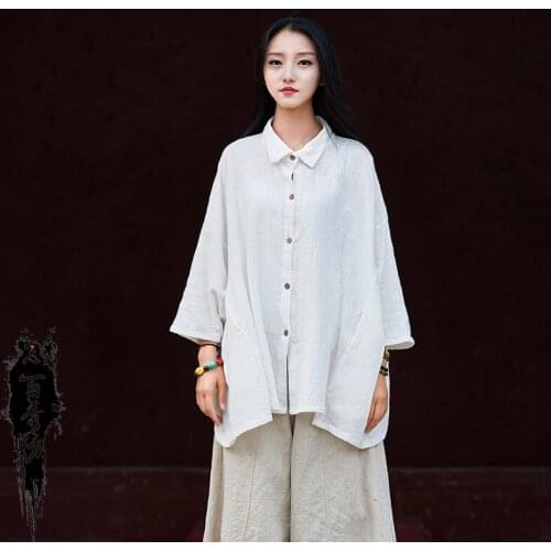 Women Summer Autumn Irregular Length Plus Size Blouse Female Solid Color Cotton Linen Shirt Tops Bat Sleeve Shirts Tops Blouse