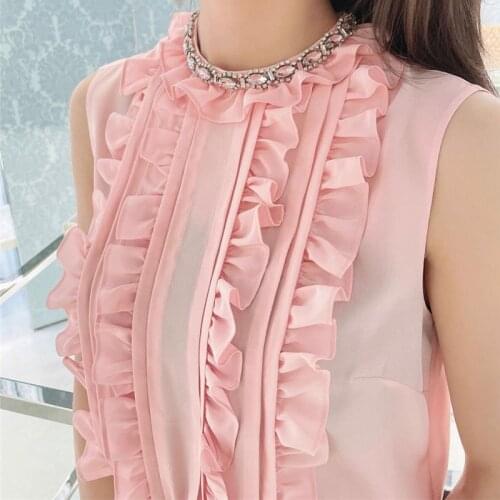 Brand Design Summer Sleeveless Beading Casual Chiffon Ruffles Top Pink Fashion Elegant Office Ladies Shirt Women Clothes 2021