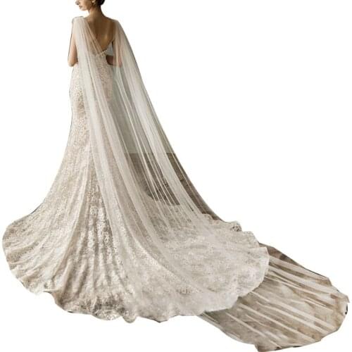 Women Tulle Cathedral Floor Length Wedding Capes Shoulder Imitation Crystal Jewelry Floral Appliques Bridal Long Wraps Cloak