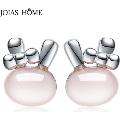 JoiasHome Sweet Cute Rabbit design Earrings for Women Silver 925 Jewelry Gemstones Ross Quartz Female Dating Ear Studs Accessory
