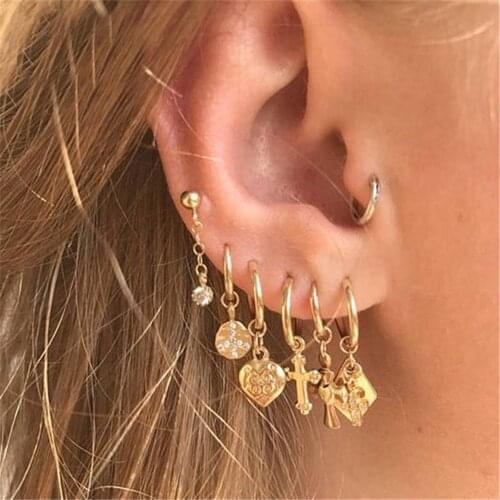 KMVEXO Vintage Gold Ball Cross Heart Geometric Earring Sets for Women Gift Punk Fashion Crystal Pearl Stud Earrings Jewelry 2020