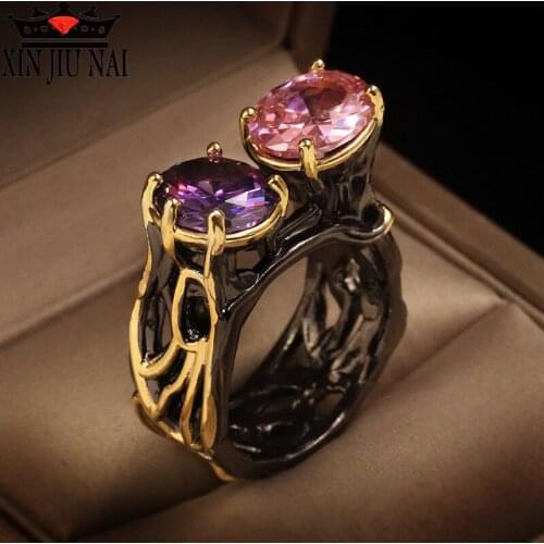 2020 new bohemian style 18K black gold exaggerated double amethyst winding tree root female diamond ring women fashion jewelry