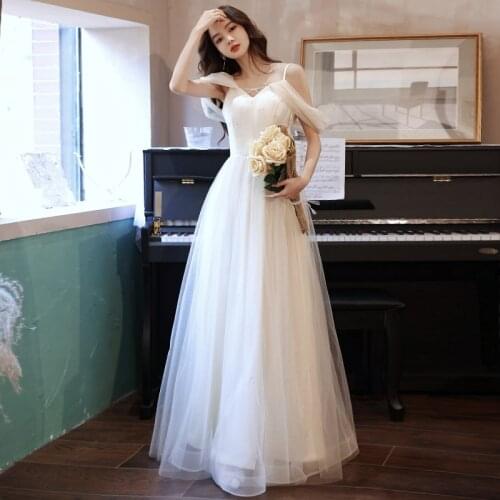 Evening Dress Short Sleeves Simple Sequins A-Line White Elegant Floor-Length Spaghetti Strap New Woman Formal Party Gowns A1427