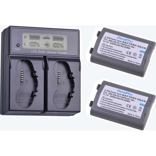 2Pcs 3200mAh EN-EL18, EN-EL18a, EN EL18, ENEL18a Battery + LCD Dual Smart Fast Charger for Nikon D4, D4S, D5 Digital SLR Camera