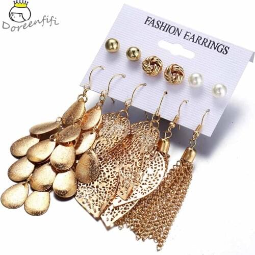 6 Pairs/set Pearl Earrings Set Leaf Long Tassel Drop Dangle Earrings Gold Color Jewelry for Women Brinco Aretas Mujer 2019