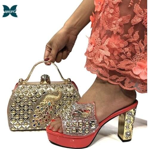 Coral Color Italian Ladies Wedding Shoes and Bag to Match Set Matching Shoes and Bag Mature Style Comfortable Hees for Party