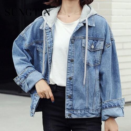 Sungtin Korean Turn-down Collar Pockets Denim Coat for Women Loose Chic Long Sleeve Denim Jacket Fashion Solid Streetwear Female