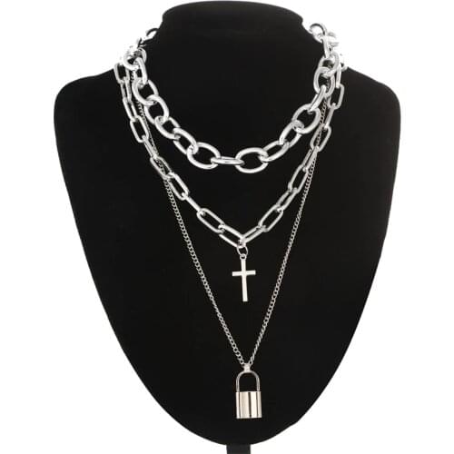 Layered grunge aesthetic jewelry vintage punk chain necklace for women men lock cross pendant choker chains goth accessory