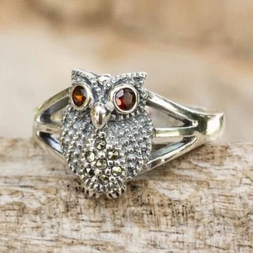Trendy Ancient Silver Color Red Eye Owl Animal Female Male Alloy Ring for Women Men Party Jewelry Accessories Size 5-11
