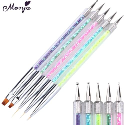 Monja 5Pcs/set Dual End Nail Art Dotting Pen Acrylic Drawing Liner Flower Brush Rhinestone Crystal UV Gel Painting Manicure Tool