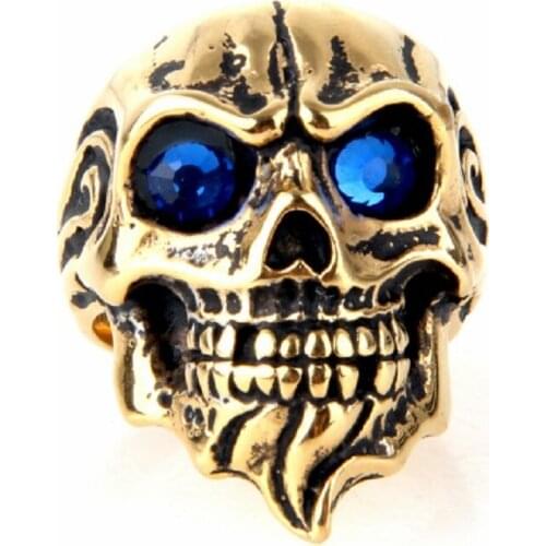 Mens Punk Cool Skull Blue Eyes Flame 316L Stainless Steel Biker Ring