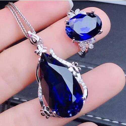 Natural sapphire jewelry set Natural real sapphire 925 sterling silver 1pc pendant,1pc ring