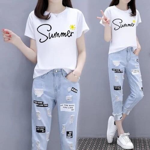 Single Piece/Set Women Summer 2021 New Short-Sleeved T-Shirt + Ripped Nine-Point Jeans Two-Piece Female Student Cowboy Pants426