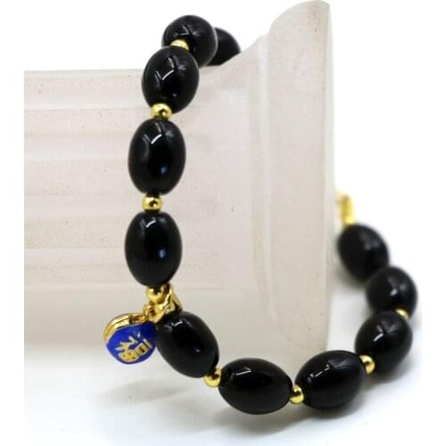 Wholesale price black agat stone onyx barrel rice 8*11mm beads charms bracelets women cloisonne fashion jewelry 7.5inch B2953