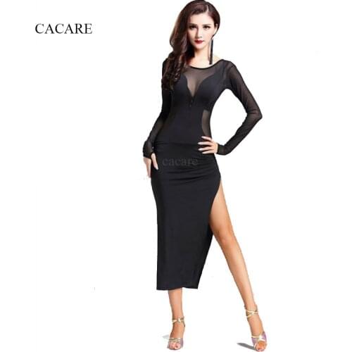 CACARE Latina Latin Dance Dress Women Salsa Dress Tango SALE Black D0375 with Underwear Split Hem Sexy Mesh Top Long Sleeve