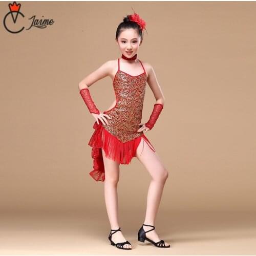 Latin Dress for Girls Children Dance Outfit with Sleeves Sequins Latin Dresses for Girls Backless Fringe 5-15 Years old