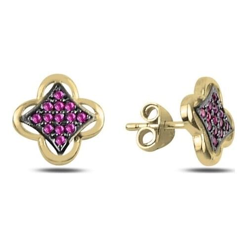 Silver 925 Sterling Ruby Zircon Cubic Zirconia Clover Earrings