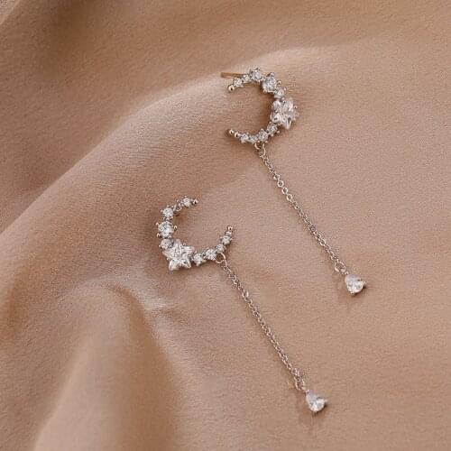 925 Sterling Silver Tassel Long Star Moon Charm Drop Earring For Women Girls Wedding Party Jewelry eh1013