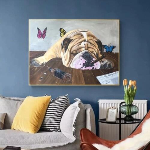 Modern A Bulldog Drinking with Sunglasses Wall Art Canvas Painting Animals Poster Home Decor Pictures for Living Room Cuadros