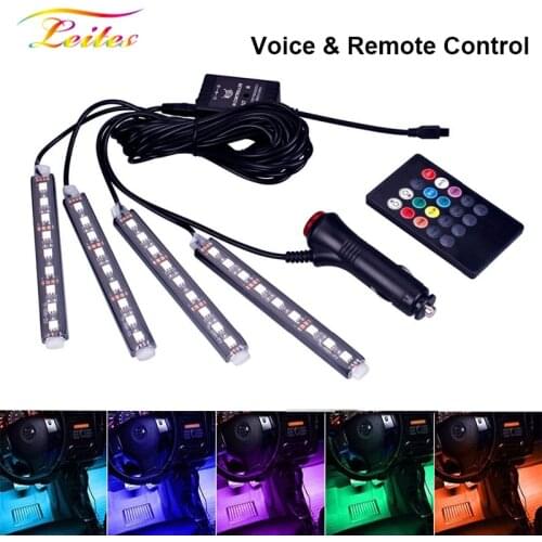 4pcs LED Car Foot Light Ambient Lamp With Remote Music Control Multiple Modes USB Wireless Automotive Interior Decorative Lights