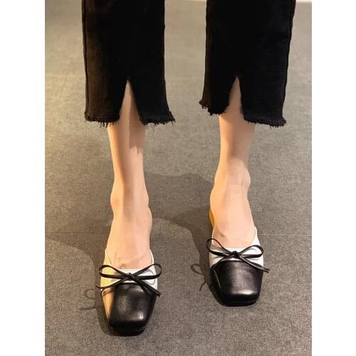 Square-toe Slippers Womens Shoes Summer 2021 New Fashion French Retro Bow Thick Heel Non-slip Muller Shoes