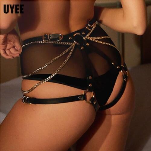 UYEE Harness Women PU Leather Garter Belt Lingerie Sexy Suspender Body Chain Waist Belt Leg Thigh Strap Buttocks Gold Bondage