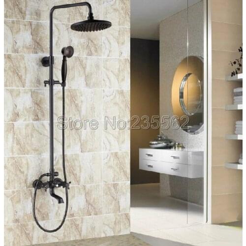 Bathroom Dual Cross Handle Rain Shower Faucet Set Mixer Bathtub Tap Black Oil Rubbed Bronze Finish with Handheld Shower lrs381