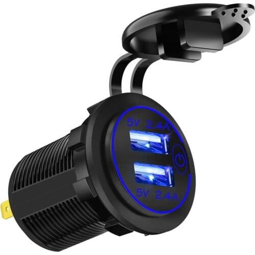 Waterproof 12V Dual USB Power Outlet 2.4A Charger with Touch ON OFF Switch for Car Boat Marine Bus Truck SUV Motorcycle