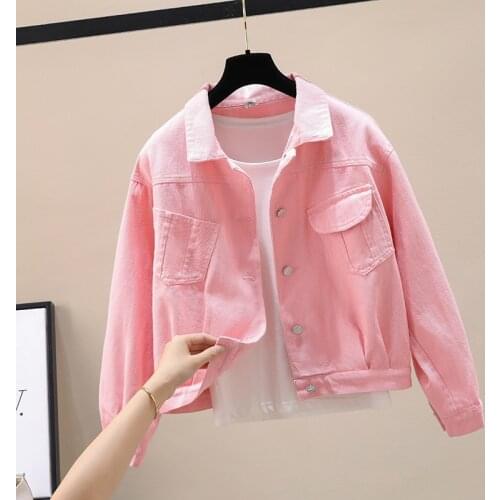 Womens Autumn Plus Size Yellow Light Purple Pink Denim Jacket Casual Short Loose Korean Long Sleeve Jeans Jacket Spring Autumn