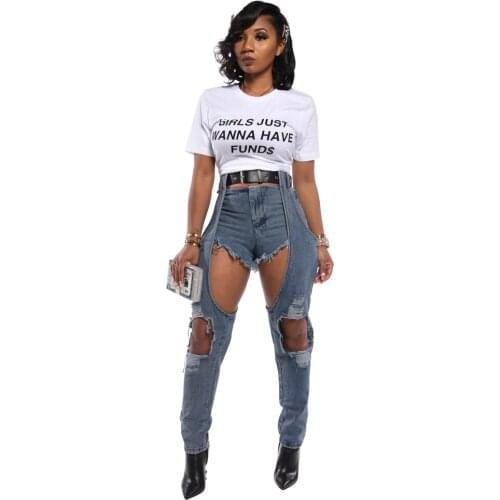 OMILKA Long Short Patchwork Jeans 2020 Summer Women Sexy Hole Denim Pants Hollow Out Blue High Waist Street Long Trousers