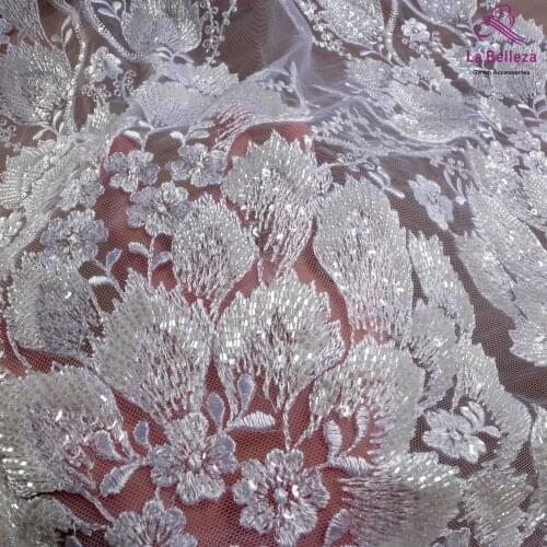 1 yard pure white bridal fabric sequins beaded embroidery wedding dress lace fabric