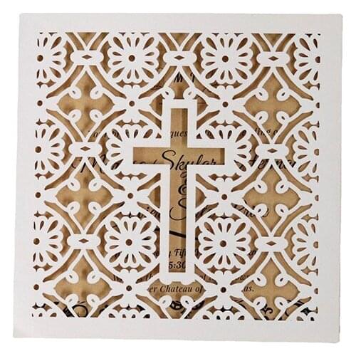 25Pcs Christian Cross Wedding Invitations With Pearl Paper Laser Cut Invitation Greeting Cards Baby Shower Party Supplies