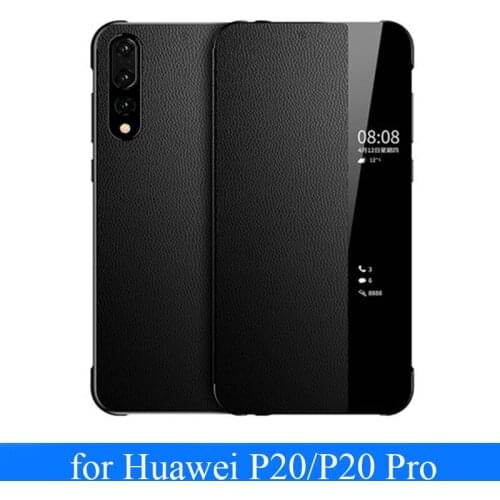 For Huawei P20 Open Window View Flip Genuine Leather Cover Fundas Skin Smart On/off Case for Huawei P20 Pro +Screen Protector