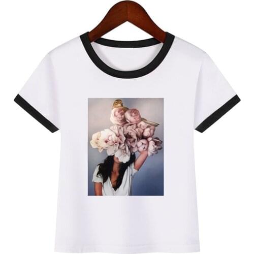 Flower bird lady print childrens vintage t shirt summer girls white short sleeve aesthetic clothes kids t-shirt tops tees