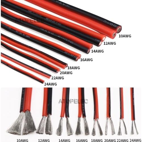 10M 2pin Flexible Soft Silicone Wire Tinned Copper Lamp Lighting LED Strip Extension Cable 24/22/20/18/16/14/12/10 AWG Black Red