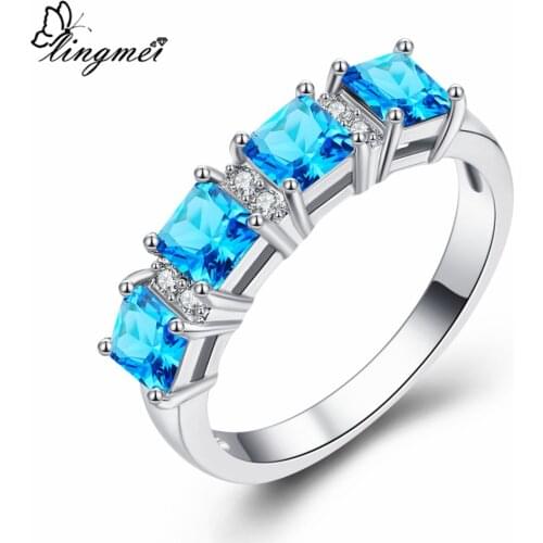 Lingmei New Fashion Princess Elegant Blue White Purple Cubic Zircon Silver Color Ring Size 6-9 Women Gorgeous Band Gorgeous