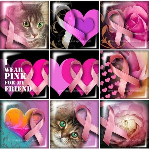 Beauty Pink Ribbon Love Square glass cabochon 10pcs 12mm/20mm/25mm/30mm Size flat back DIY Jewelry Findings Components FB0123