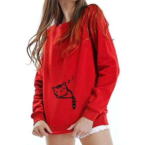 Black Cat Pattern Long Sleeve Women Hoodies Sweatshirt Kitten Sleeping Harajuku Kawaii Pink Shirt Moletom Tops