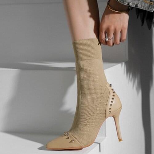 Carollabelly Pointy Toe Sock Boots Knitted Stretch High Heels Women 2020 Brand 8cm 10cm Ankle Boots for Women Winter Shoes