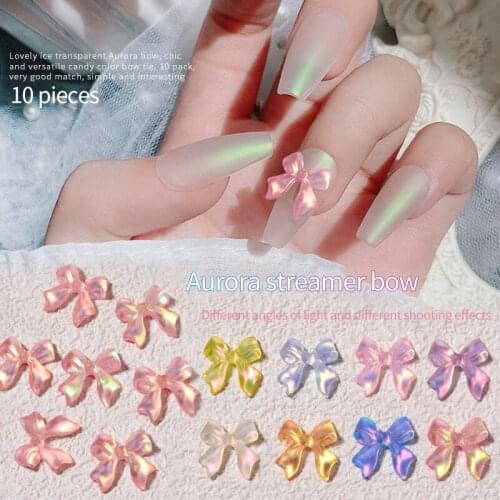 New 10pcs Laser Aurora Bowknot Resin Ice Transparent Nail Art Accessories Candy Nail 3D Fashion Fingernail DIY Decoration