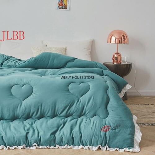 New ruffles comforter washed cotton thicken duvets soft winter quilts 200*230cm green home bed cover heart princess bedding