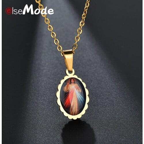 ELSEMODE Jesus Christ Pendants Necklace for Women Gold Stainless Steel Art Picture Christian Jewelry Christmas Gifts