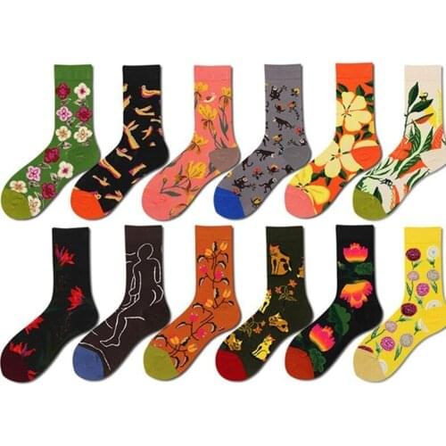 Peonfly Men Cotton Crew Happy Funny Flowers Sunset Glow Pattern Hip Hop Art Socks Short Casual Harajuku Novelty