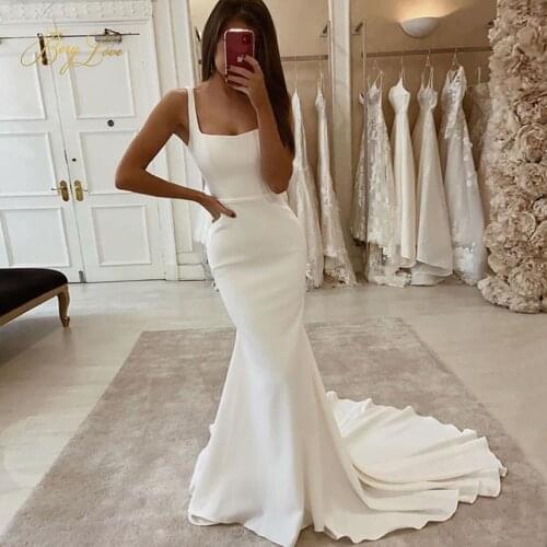 Plain Crepe Mermaid Wedding Dress 2021 Straps Square Neck Long Train Fish Tail Bridal Gown Marriage Bride