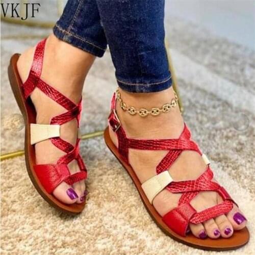 2021 Summer New Womens Casual PU Leather Color Matching Cross Belt Adjustable Button Flat Sandals Fashion Beach Shoes Hot